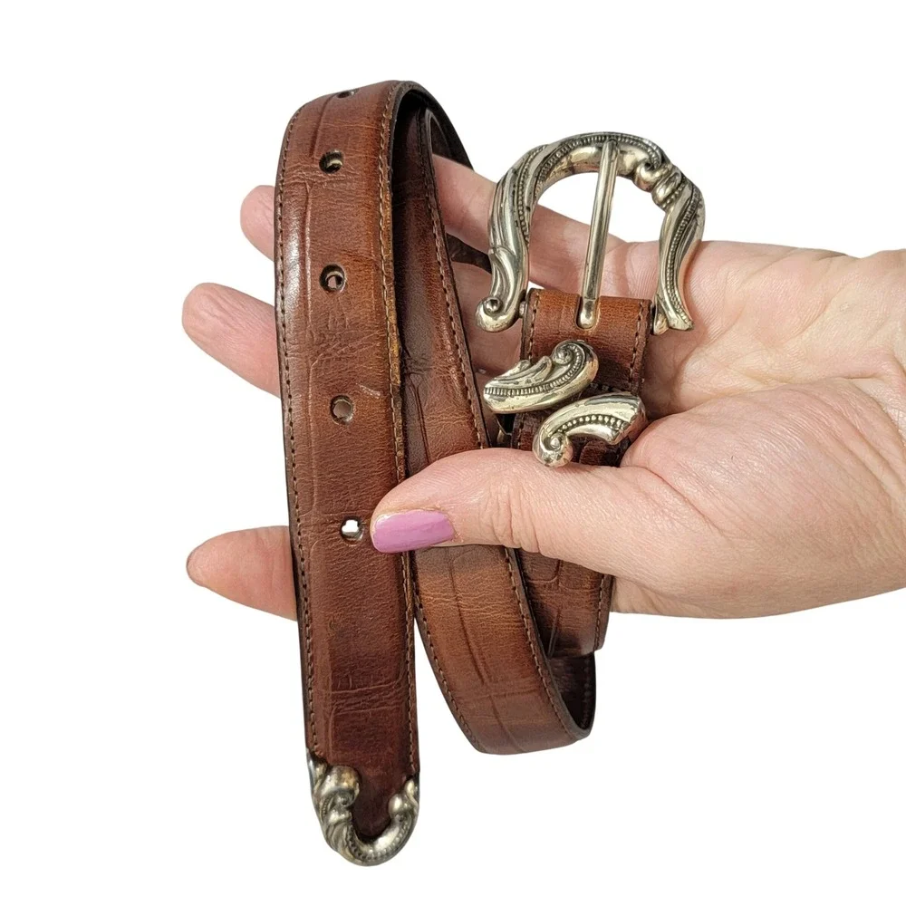 Brown Mock‎ Croc Leather Western Belt Silver Ornate 3pc Buckle Set USA M
